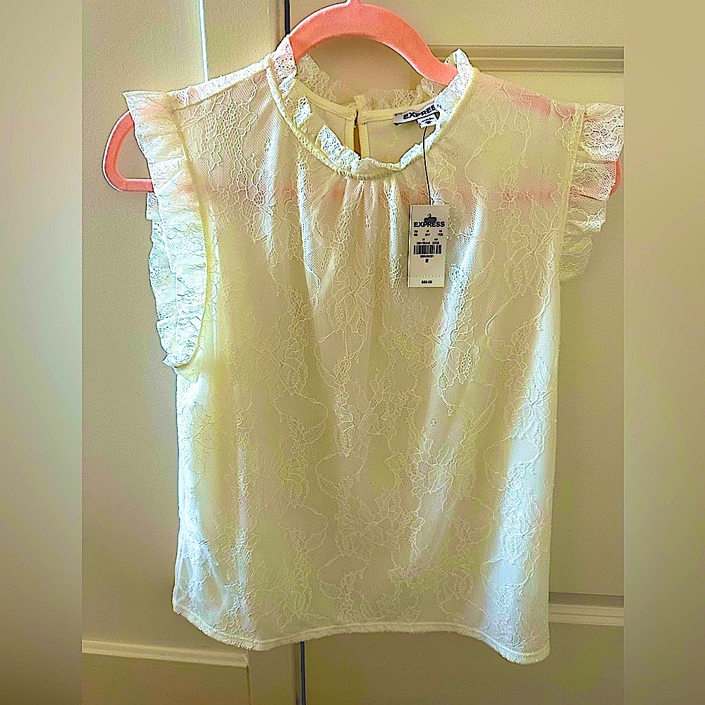 BNWT- Express ivory lace shirt with high neck and button neck closure